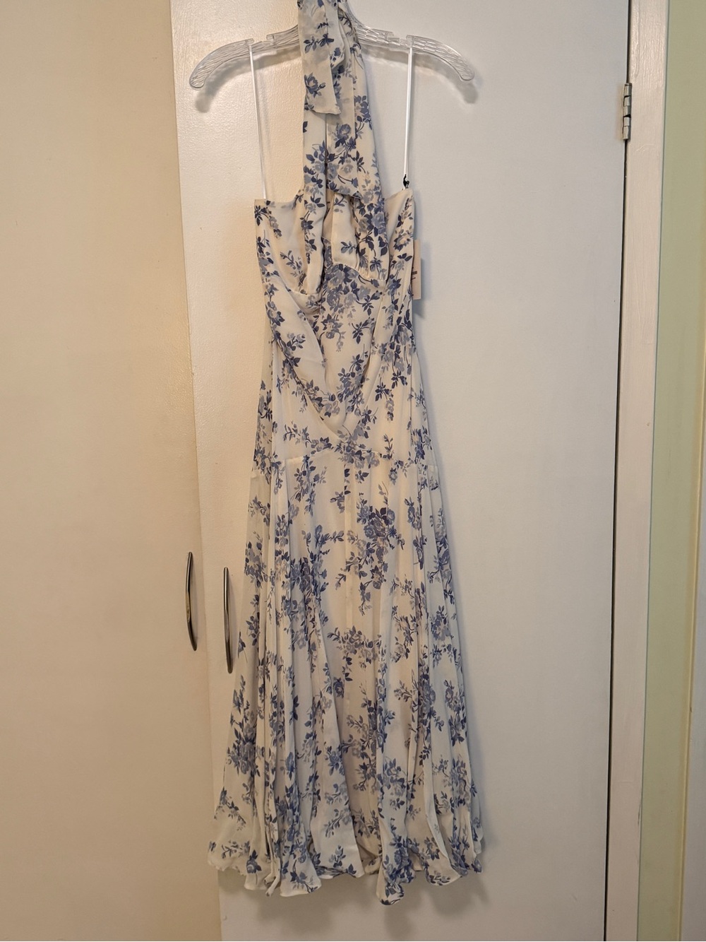Reformation Cream and Blue Floral Halter Midi Dress